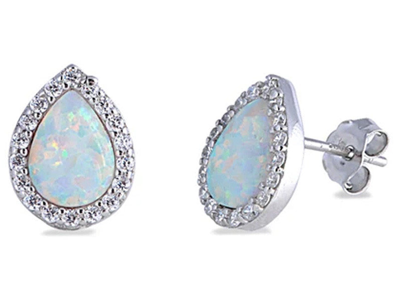 Srebrne kolczyki 925 eleganckie łezki z białym opalem na sztyfty