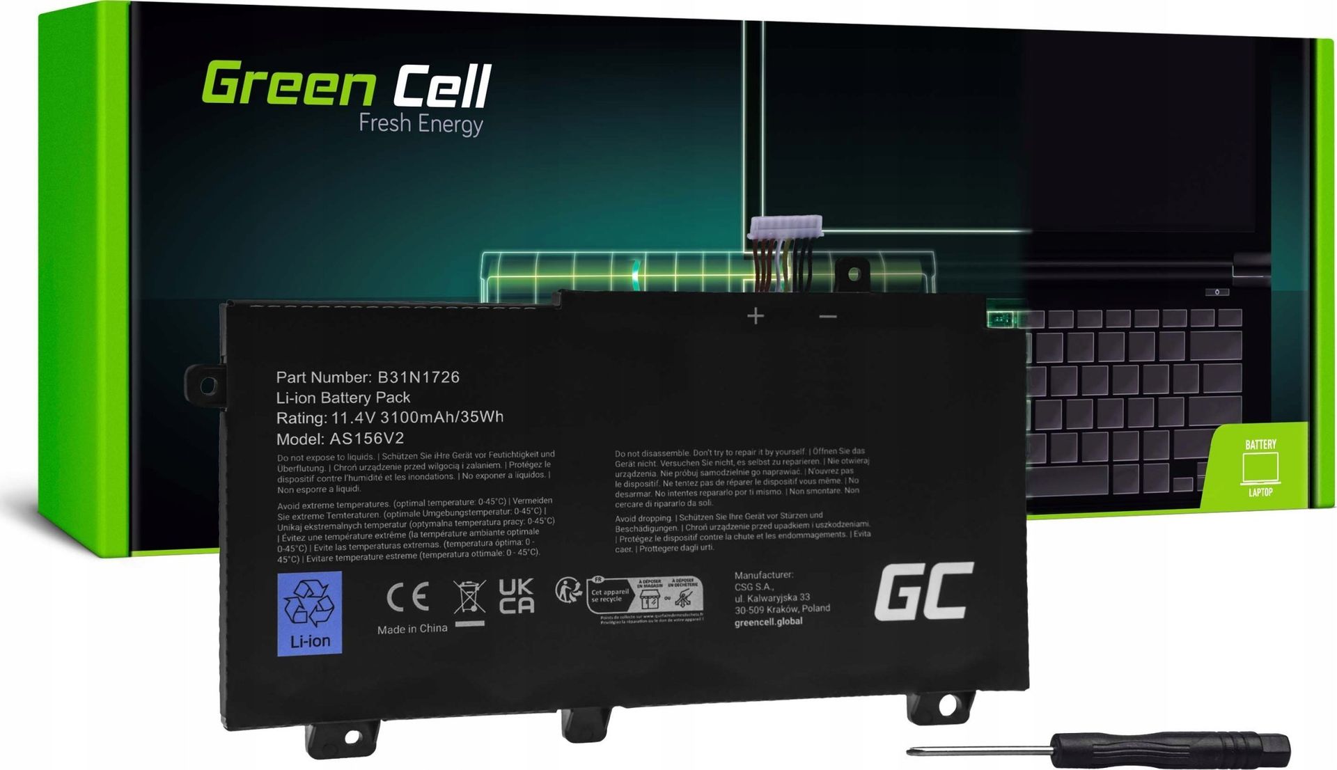 Bateria Green Cell Green Cell Battery B31N1726 for Asus TUF Gaming FX504 FX504G FX505 FX505D FX505G A15 FA506 A17 FA706