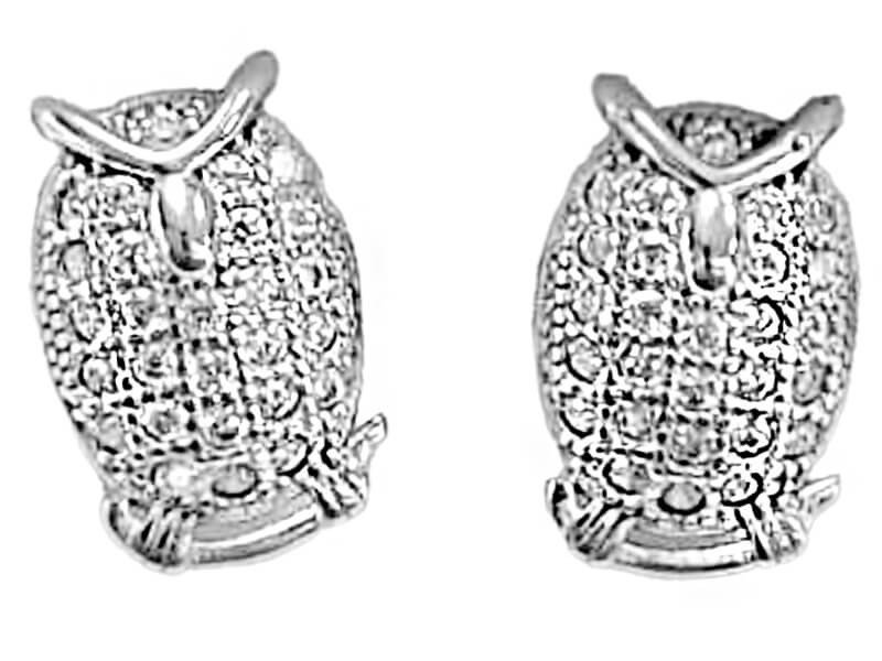 Srebrne kolczyki 925 sówki zdobione cyrkoniami błyszczące sowy na sztyft