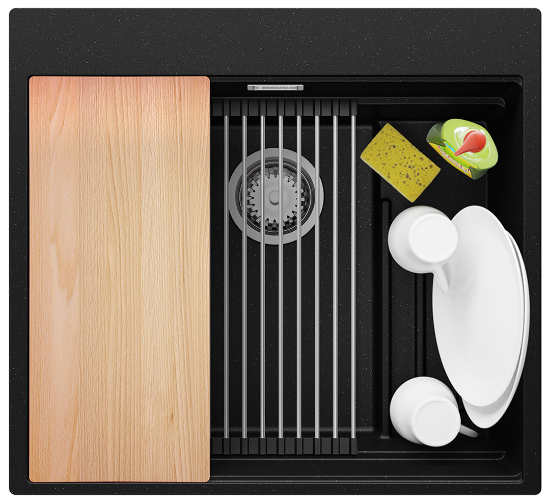 Zlewozmywak granitowy jednokomorowy + wkładka ociekowa gratis Oslo 60 Max Step Multilevel kolor Czarny metalik. Baterie kuchenne i syfon do wyboru. Primagran