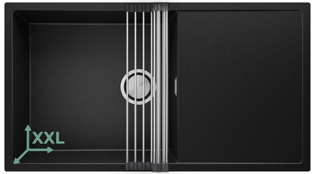 Zlewozmywak granitowy z dużą komorą XXL jednokomorowy Nablatowy z ociekaczem Czarny Ibiza 900-60. Baterie kuchenne i syfon do wyboru. Primagran