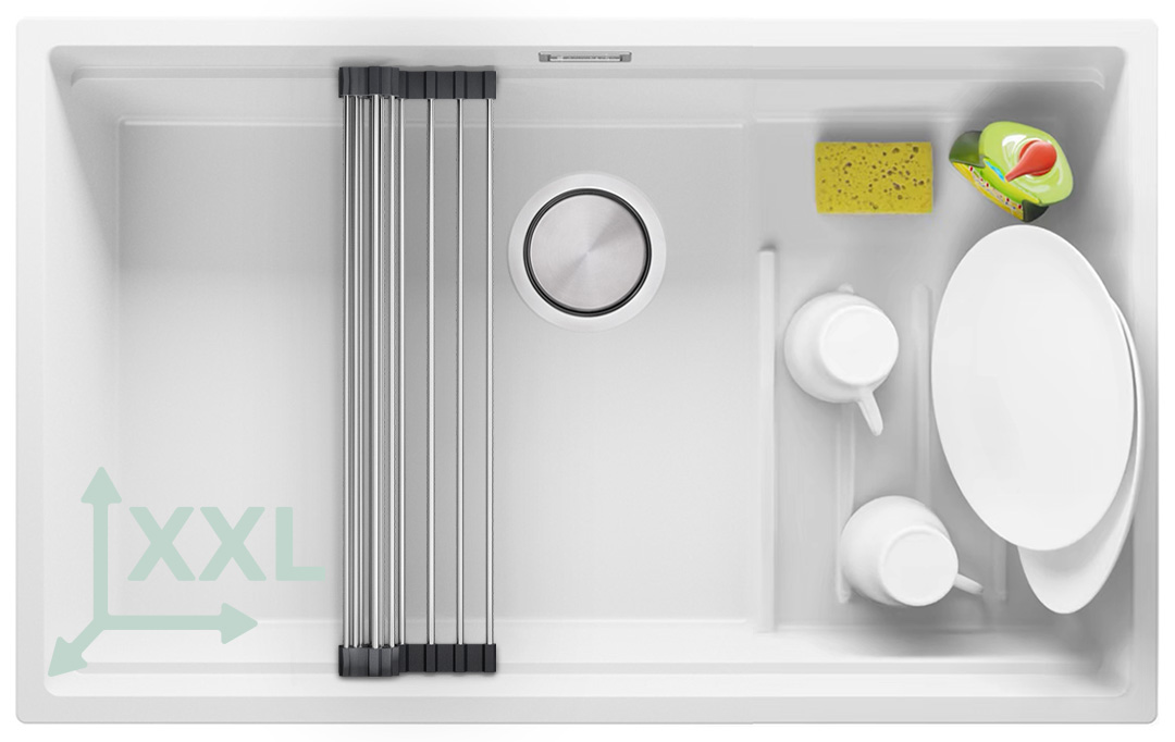 Zlewozmywak granitowy z dużą komorą XXL jednokomorowy + wkładka ociekowa gratis Praga 80 Step Level Slim kolor Biały. Baterie kuchenne i syfon do wyboru. Primagran
