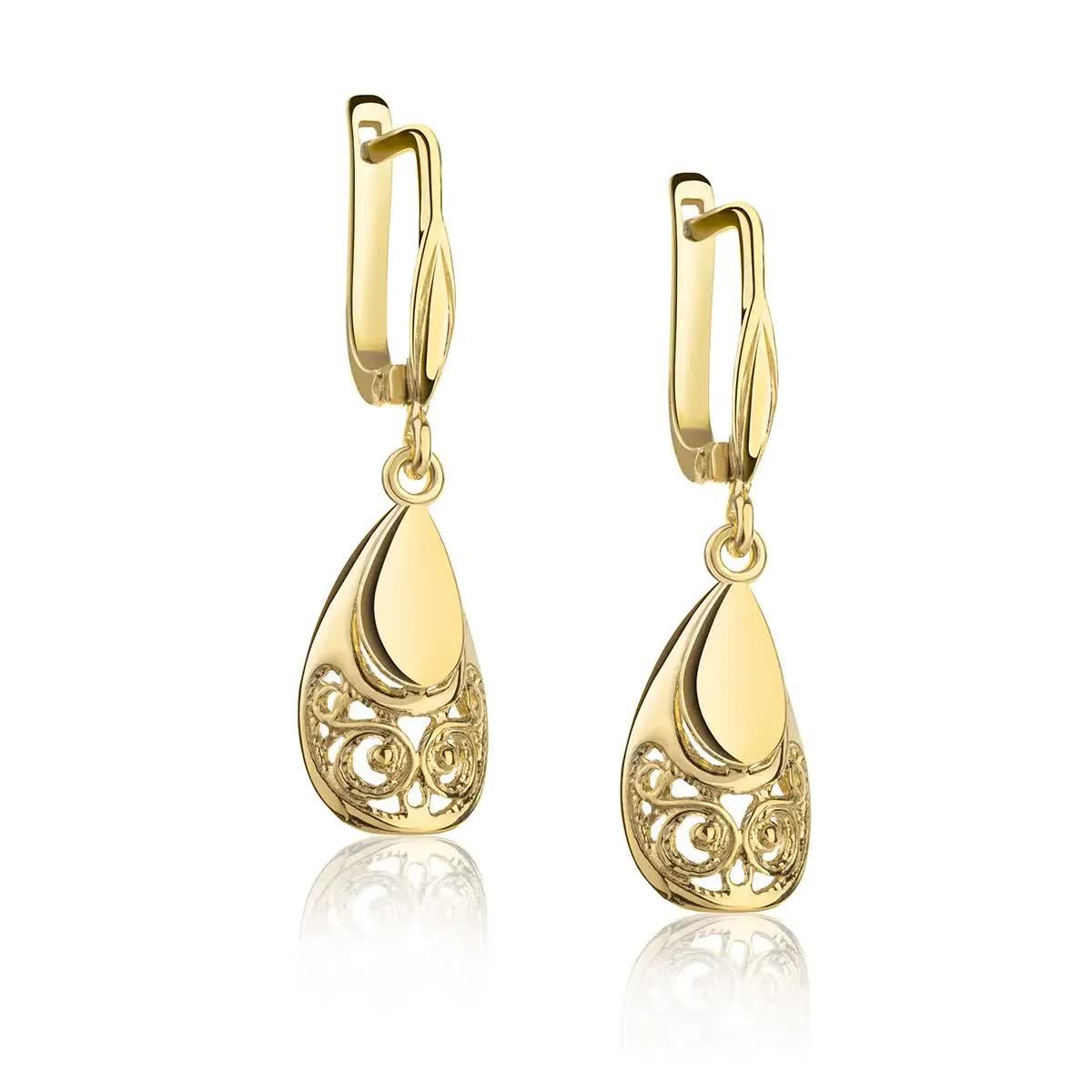 Kolczyki Ażurowe Barokowa Łza Srebrne Pozłacane Wiszące