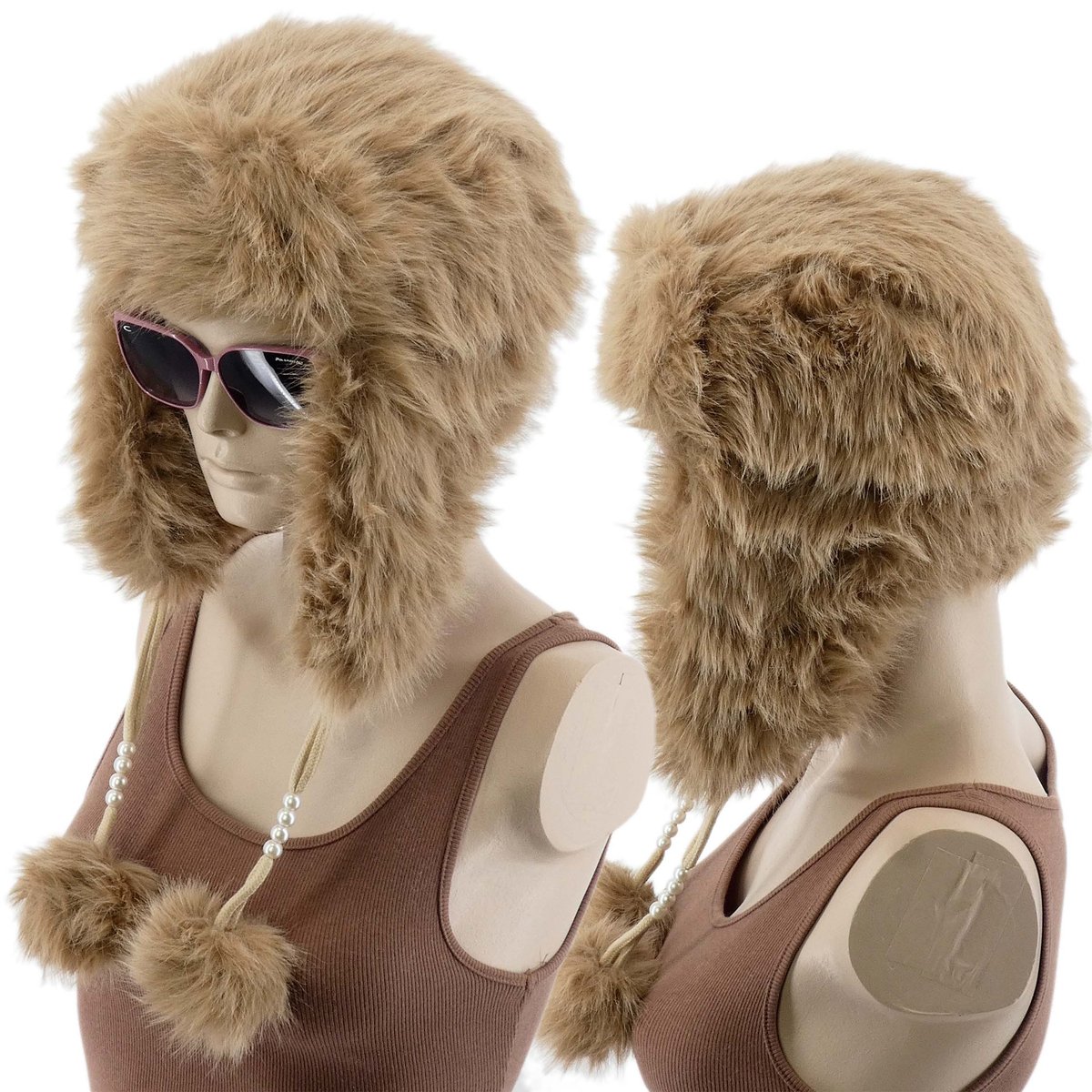 Ciepła Zimowa Czapka Damska Z Futerkiem Brązowa Uszanka Pompony