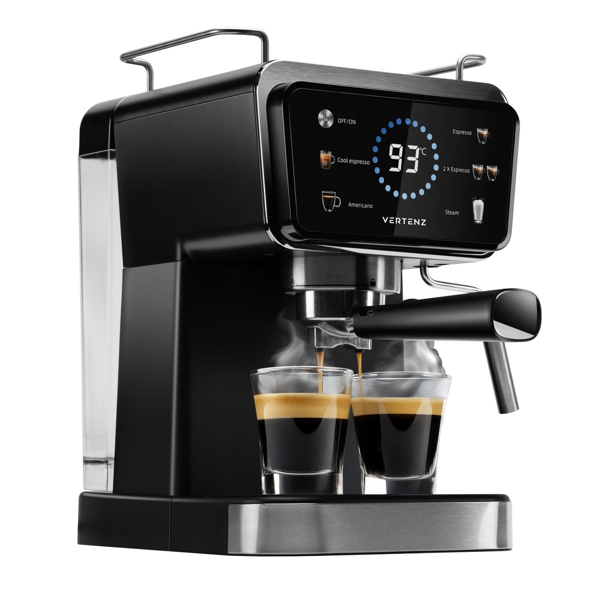 Ekspres Vertenz Puro 40, 20 bar, 1350 W, termoblokowy system grzewczy, możliwość przygotowania zimnego espresso, 5 rodzajów napojów, czarny