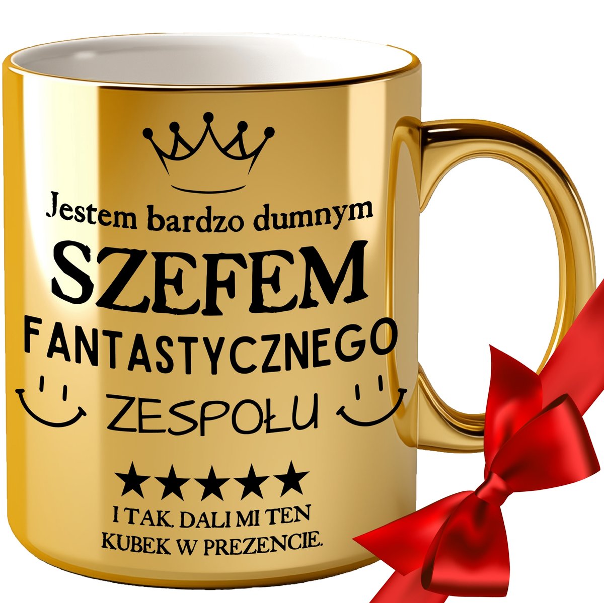 Złoty kubek DLA SZEFA Z ZABAWNYM ŚMIESZNYM NADRUKIEM PREZENT NA URODZINY