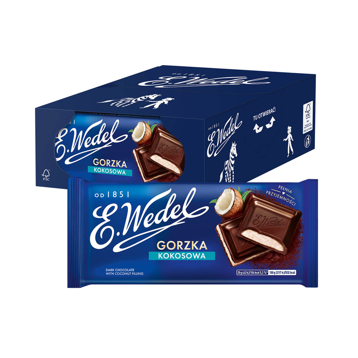 20 x Czekolada Gorzka z nadzieniem kokosowym 100 g E.Wedel