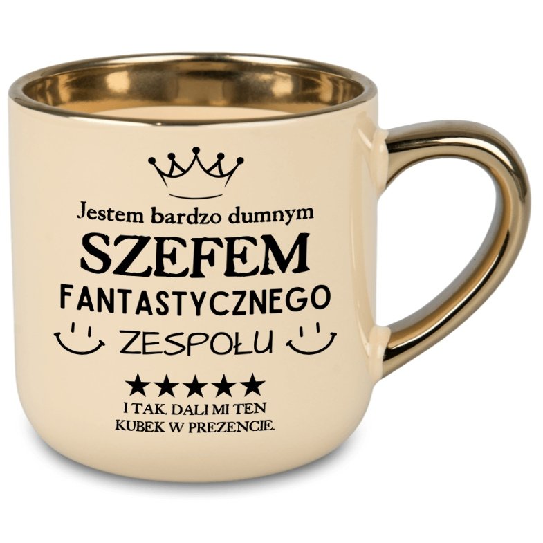 DUŻY KREMOWY ZŁOTY KUBEK DLA SZEFA Z ZABAWNYM ŚMIESZNYM NADRUKIEM PREZENT