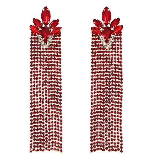 Długie wiszące nitki cyrkonii czerwone kolczyki z kryształkami błysk trendy