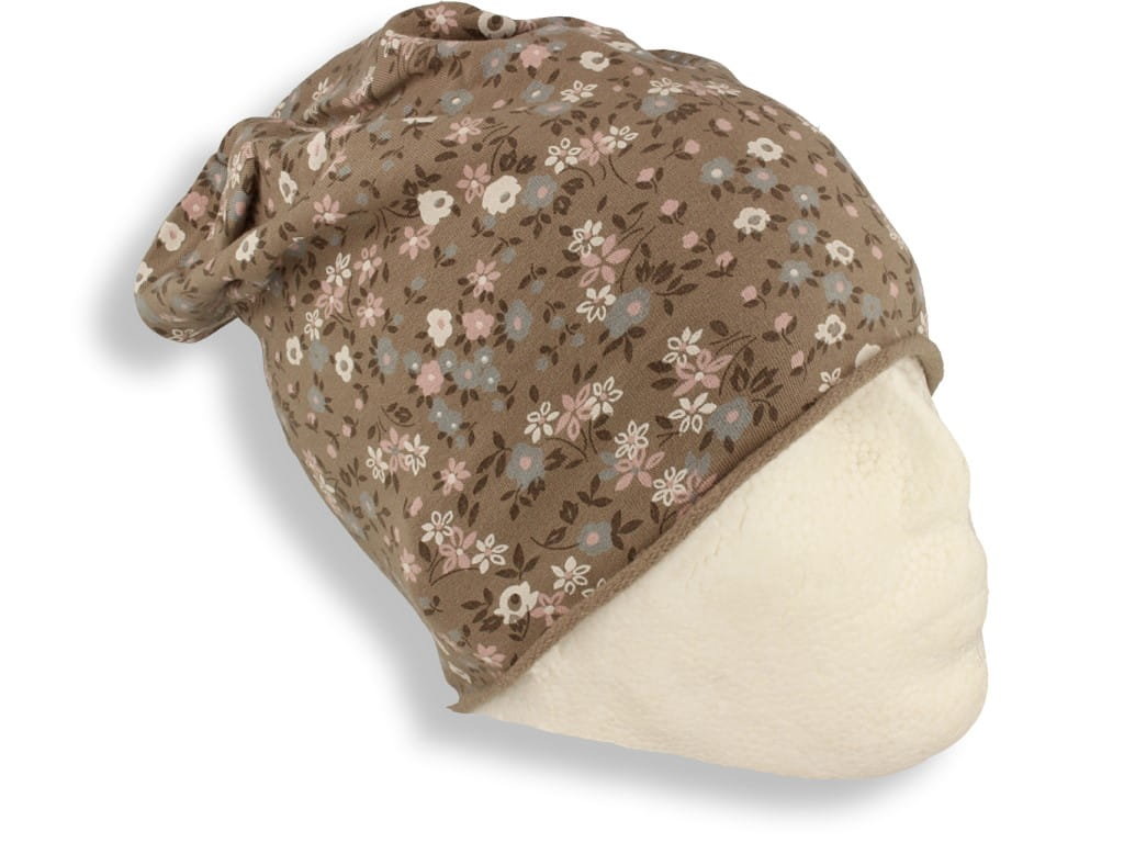 Czapka Damska Beanie Włoska Cienka Smerfetka Beżowa W Kwiatuszki
