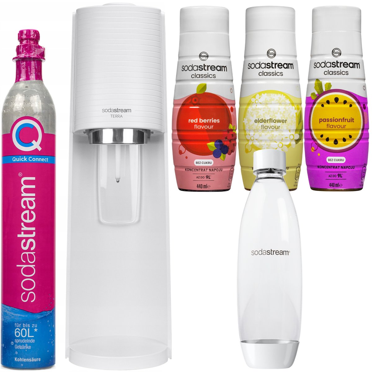 Saturator do wody SODASTREAM Terra, 5 szt. - biały butelka Quick Connect syrop Red Berries Elderflower Passionfruit bez cukru gazowanie eco zestaw