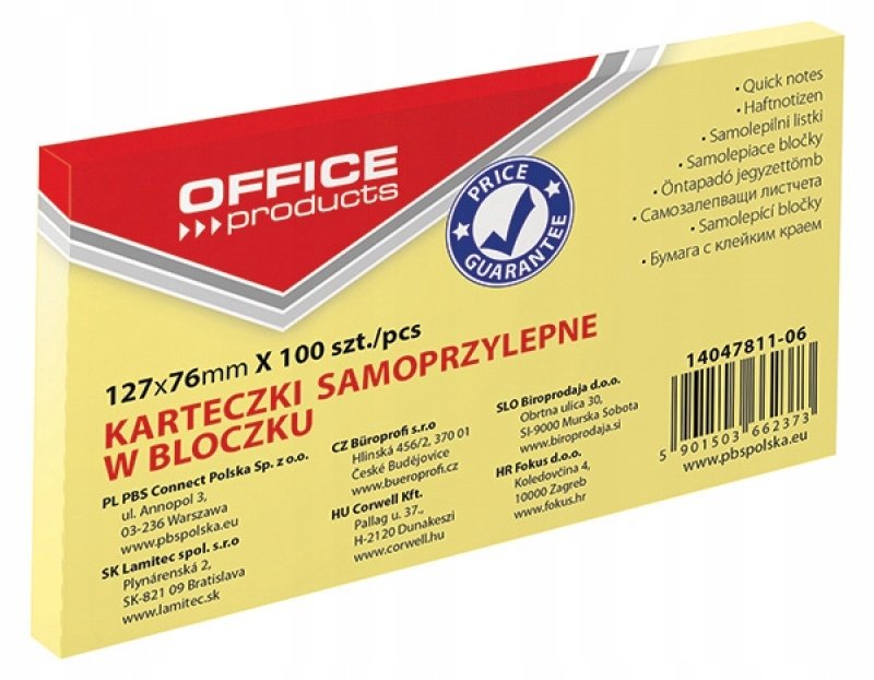 Bloczek Samoprzylepny Jaznożółty Karteczki 1Szt