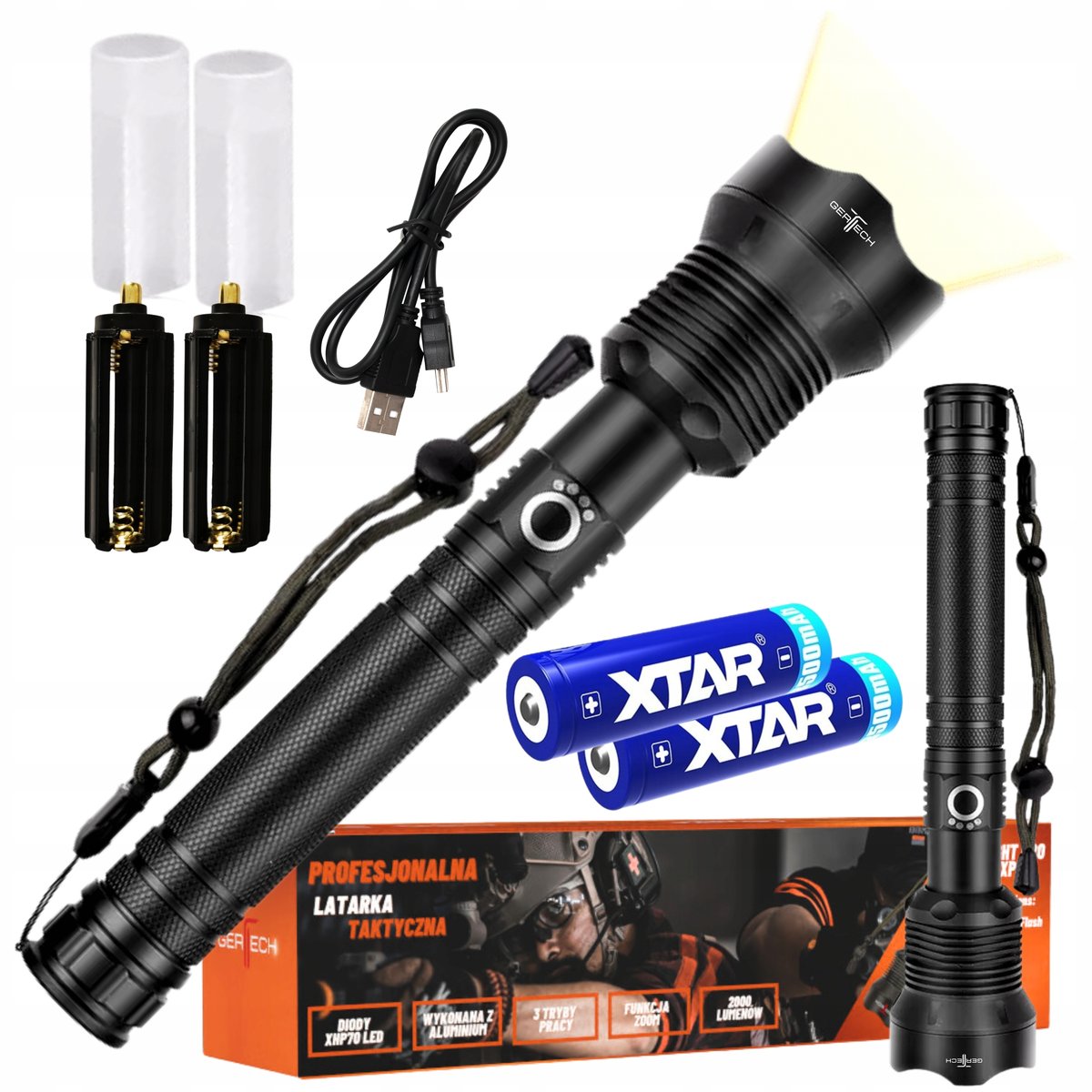 Latarka LED USB Akumulator Taktyczna Wojskowa Wielofunkcyjna Zoom , MOCNA , IDEALNA NA PREZENT