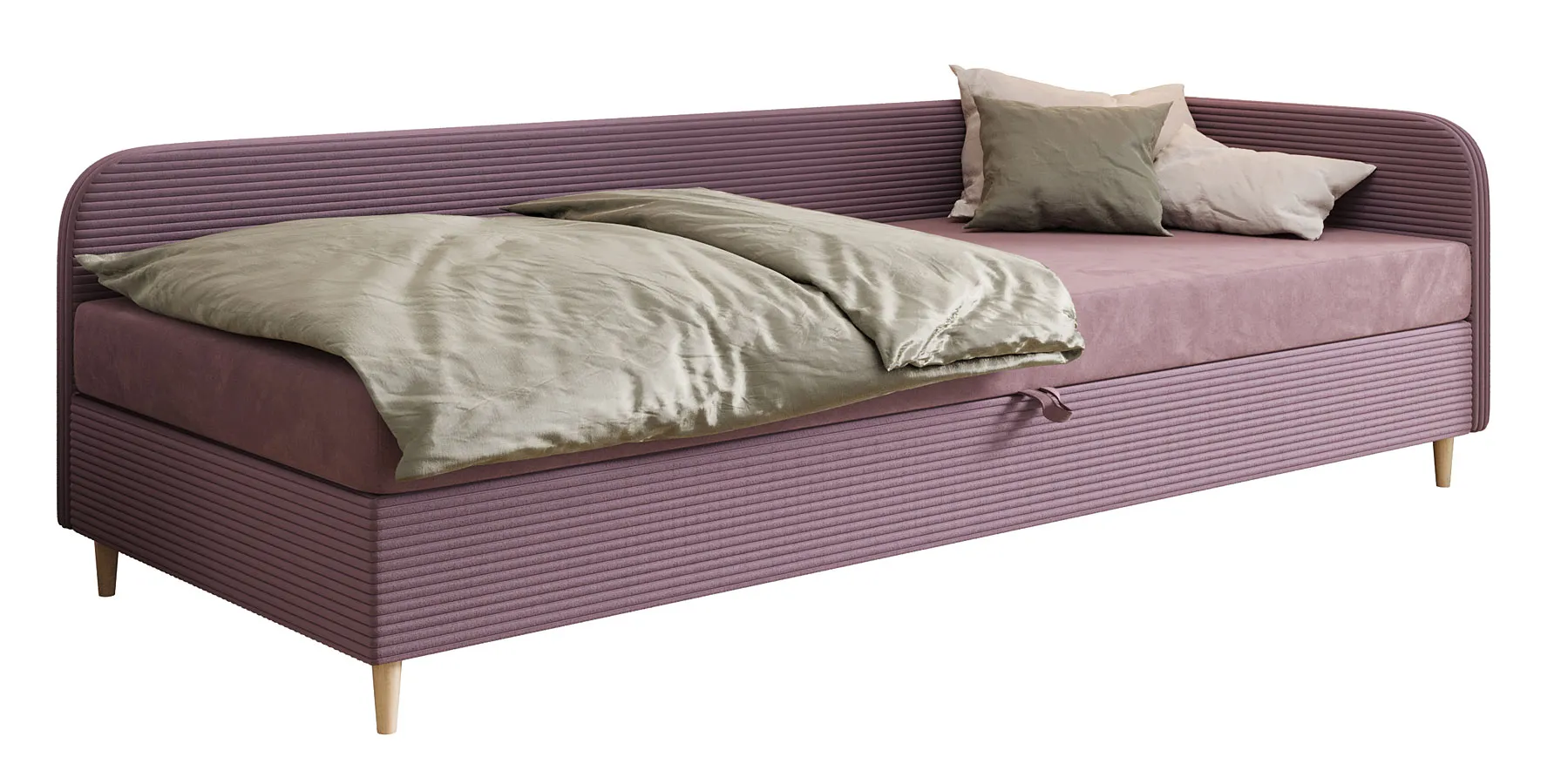 Tapicerowane jednoosobowe łóżko prawostronne brudny róż 90x200 B4-E86