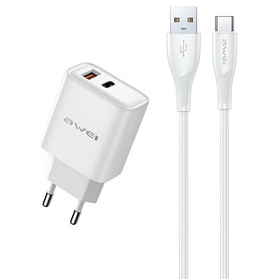 AWEI ład. siec. PD81T-EU 22.5W + kabel USB + USB-C biała/white GaN