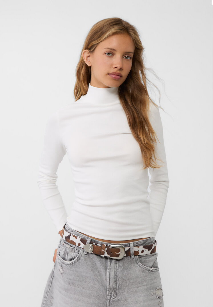 Stradivarius Koszulka z półgolfem Ecru XS