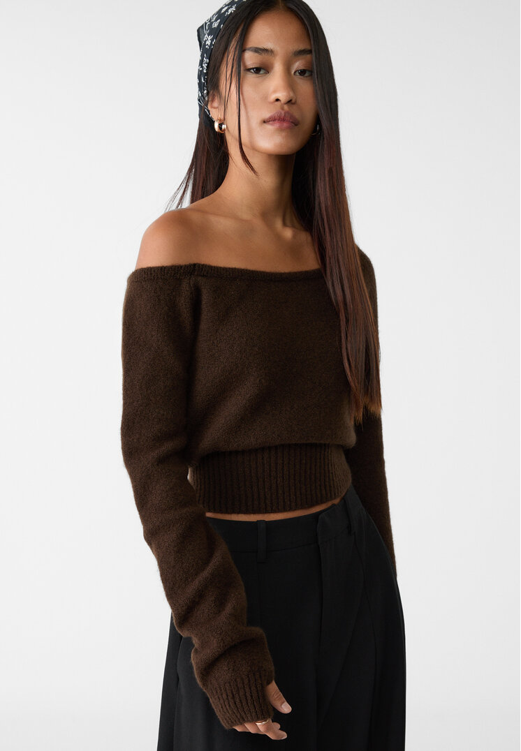 Stradivarius Asymetryczny dzianinowy sweter Brązowy XL