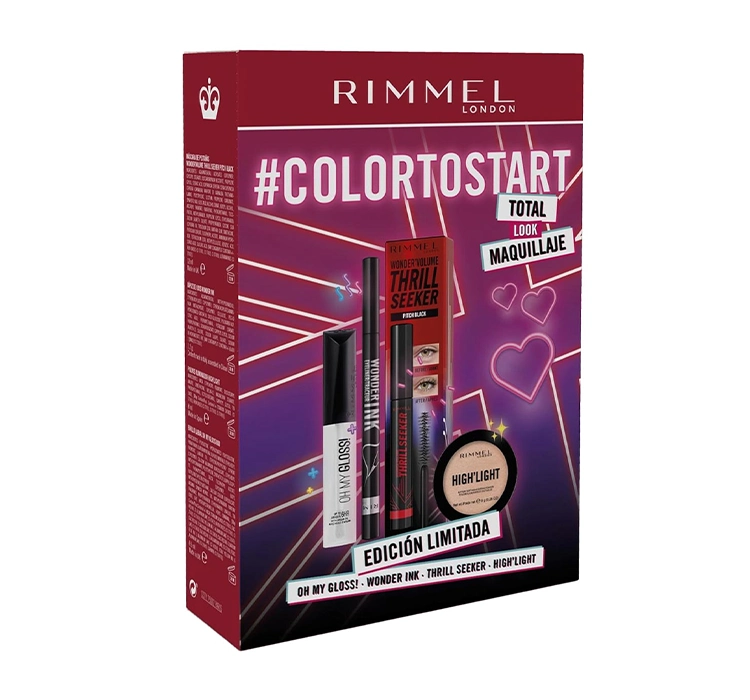 Rimmel #Colortostart zestaw kosmetyków do makijażu tusz do rzęs + eyeliner + błyszczyk + puder
