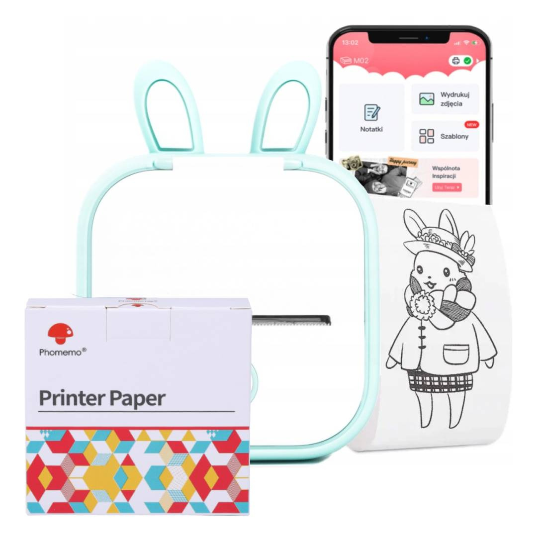 Mini drukarka etykiet Phomemo T02 zielona 203dpi / do 50mmm / BT / w zestawie RABBIT z taśmami