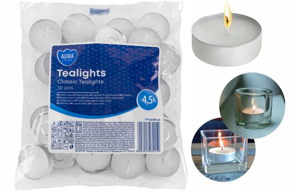 ŚWIECZKI AURA BISPOL PODGRZEWACZE TEALIGHTS WKŁADY CLASSIC ŚWIECE 4,5h 30x