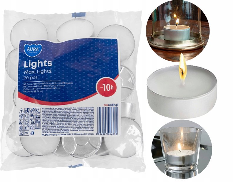 ŚWIECE AURA ŚWIECZKI BISPOL PODGRZEWACZE LIGHTS MAXI WKŁADY 10h 20 Sztuk