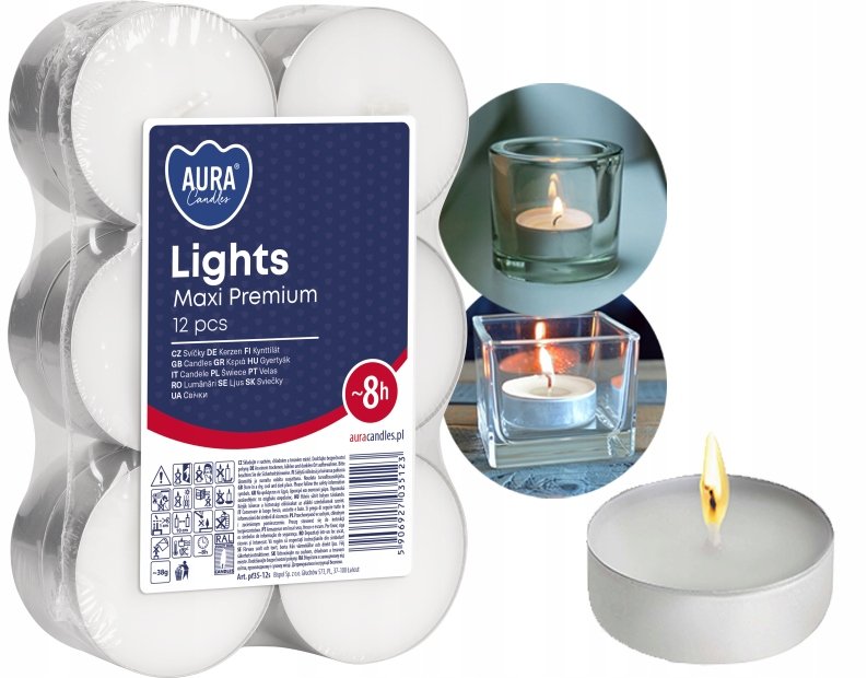 Świeczki Podgrzewacze Bispol Aura Lights Maxi Wkłady Premium 8h 12 Sztuk