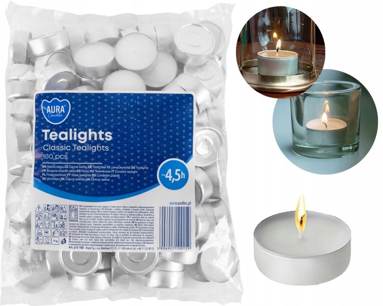 Podgrzewacze Świece Tealights 4,5h Classic Aura Świeczki Bispol 100 sztuk