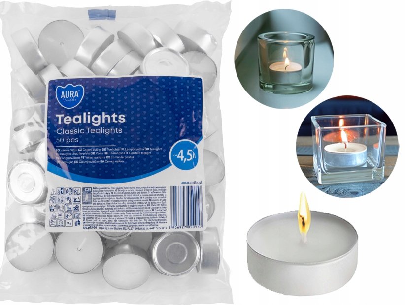 Podgrzewacze Świece Tealights Classic Aura Świeczki Bispol 4,5h 50 sztuk
