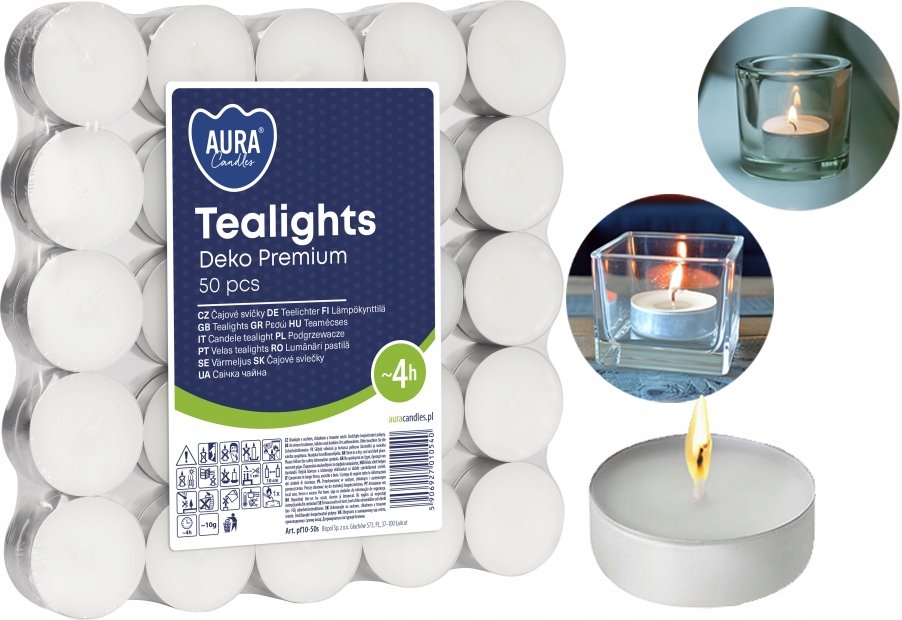 Aura Świeczki Podgrzewacze Tealights Deko Premium Świece 4h 50 Świeczek