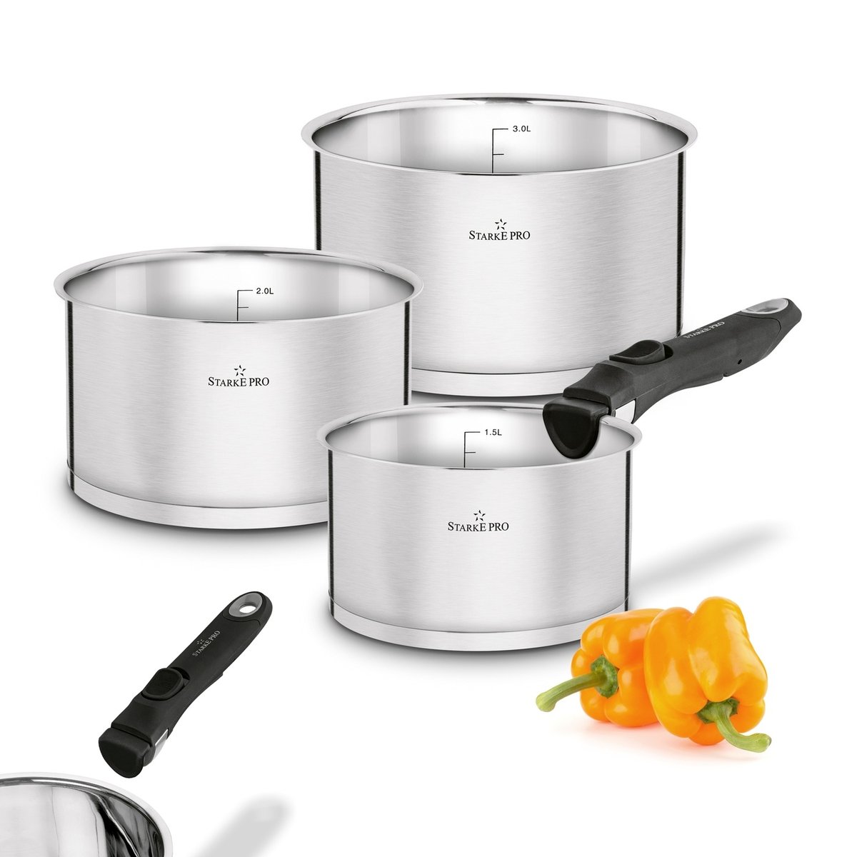 ZESTAW GARNKÓW INDUKCJA GAZ 3x garnek z ODPINANA RĄCZKA 1,9/ 2,6/ 3,6L Starke Pro Susvid