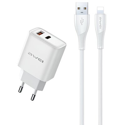 AWEI ład. siec. PD81L-EU 22.5W + kabel USB + Lightning biała/white GaN