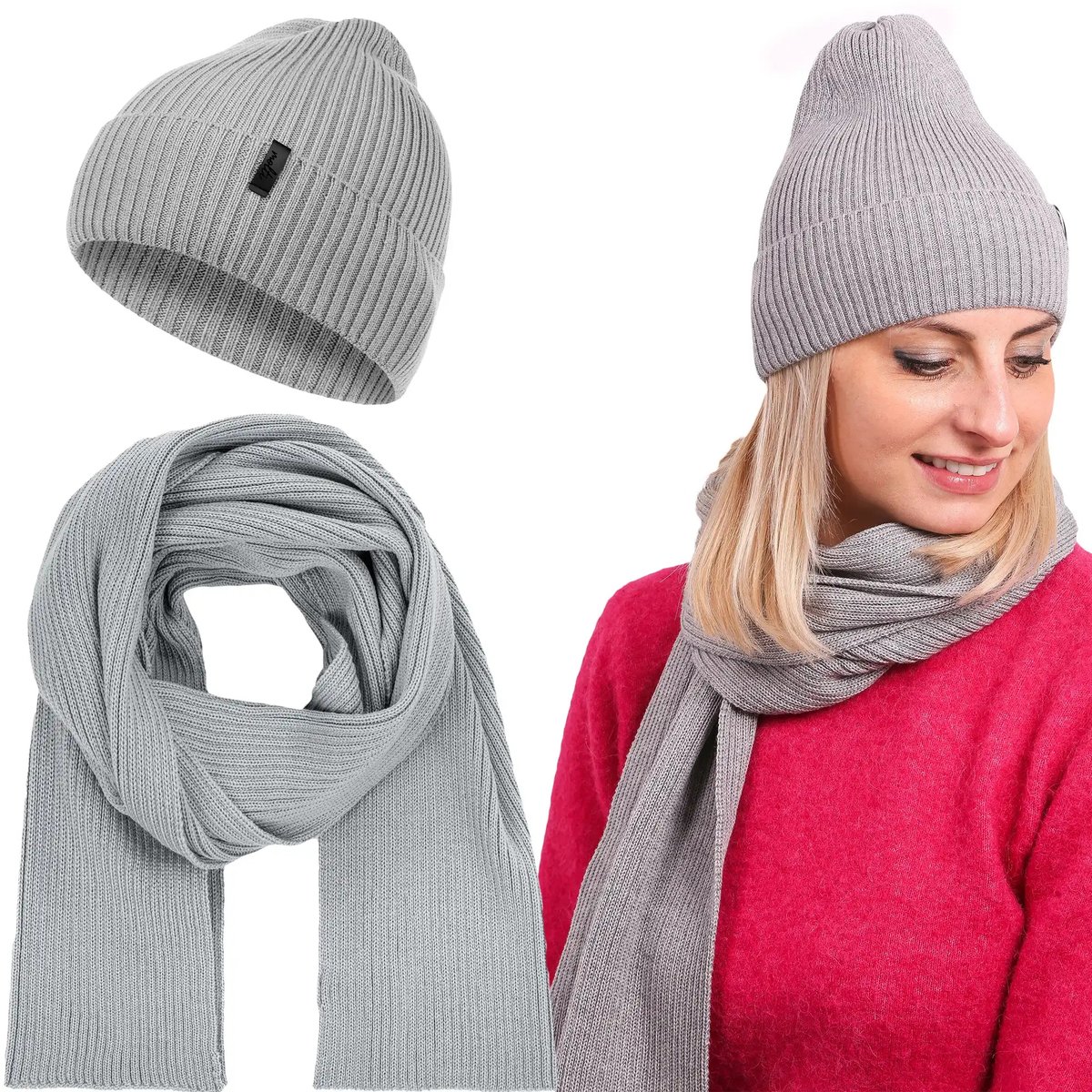 Czapka + Szalik Komplet Zimowy Damski Ciepły Modny Z Wełny Merino 58-62