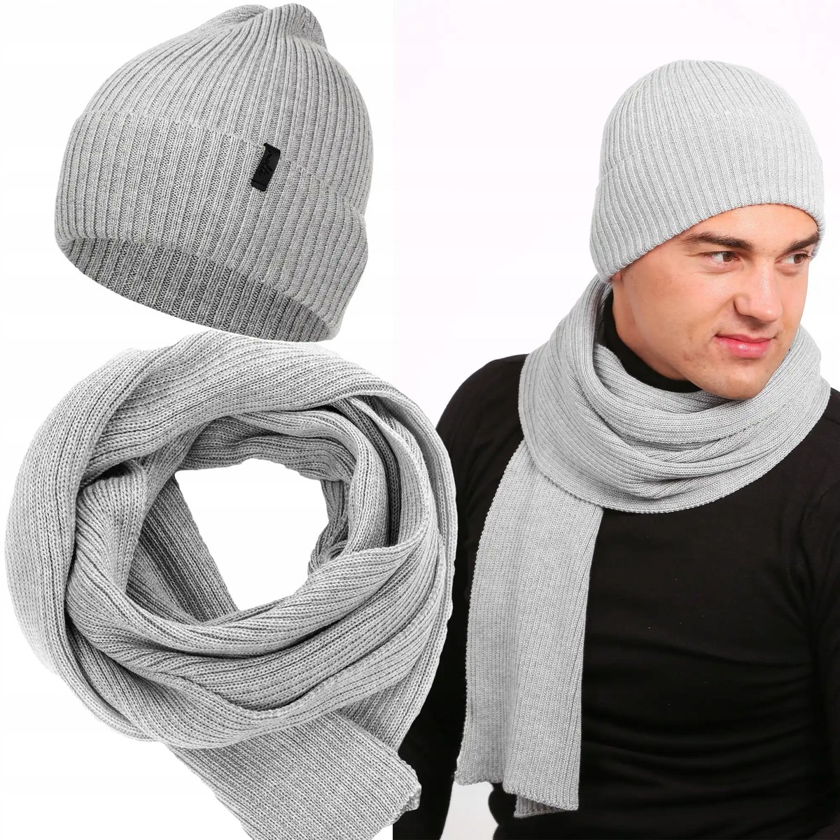 Komplet Czapka Męska Zimowa Szalik Szal Zestaw 100% Wełna Merino 55-60