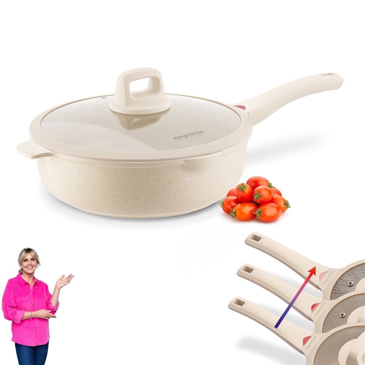 Duża PATELNIA GŁĘBOKA 28cm z pokrywką patelnia INDUKCJA GAZ Creamy Marble Konighoffer