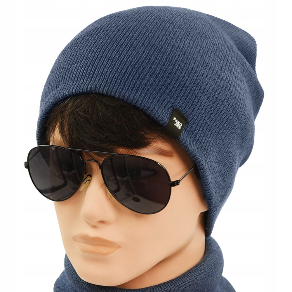 Czapka Męska Damska Beanie Dzianinowa Dwuwarstwowa Niebieska