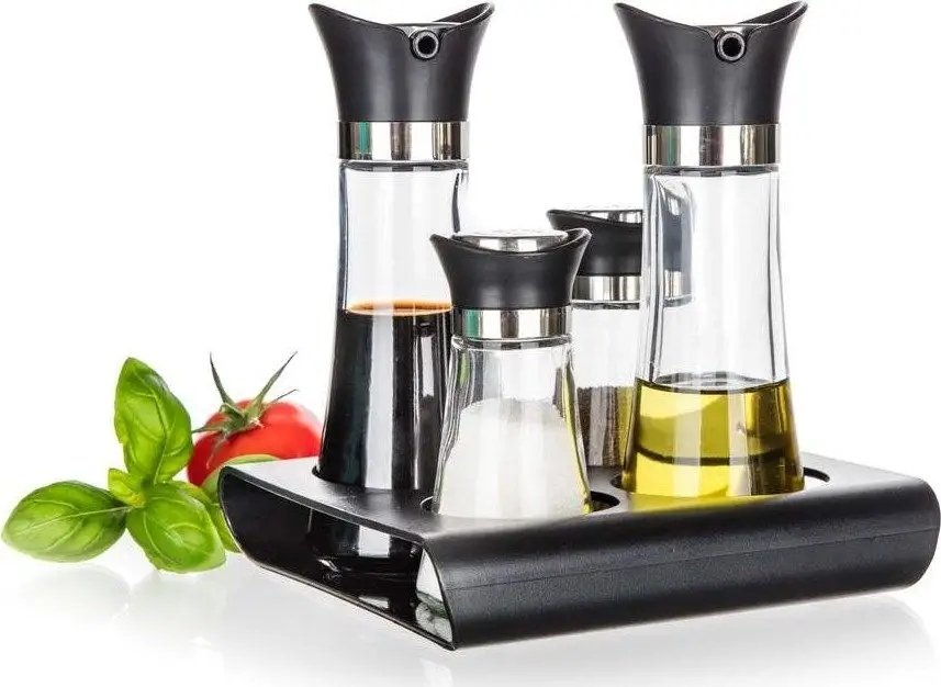 PRZYPRAWNIK na podstawce SOLNICZKA pojemnik na oliwę ocet 4w1 banquet box