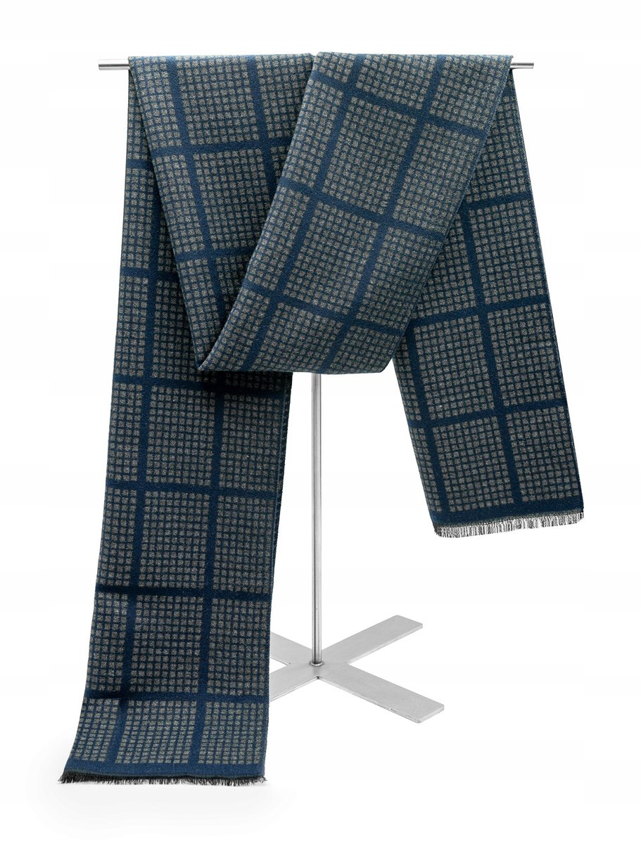 Szal Szalik Męski Zimowy Krata Frędzle Granat