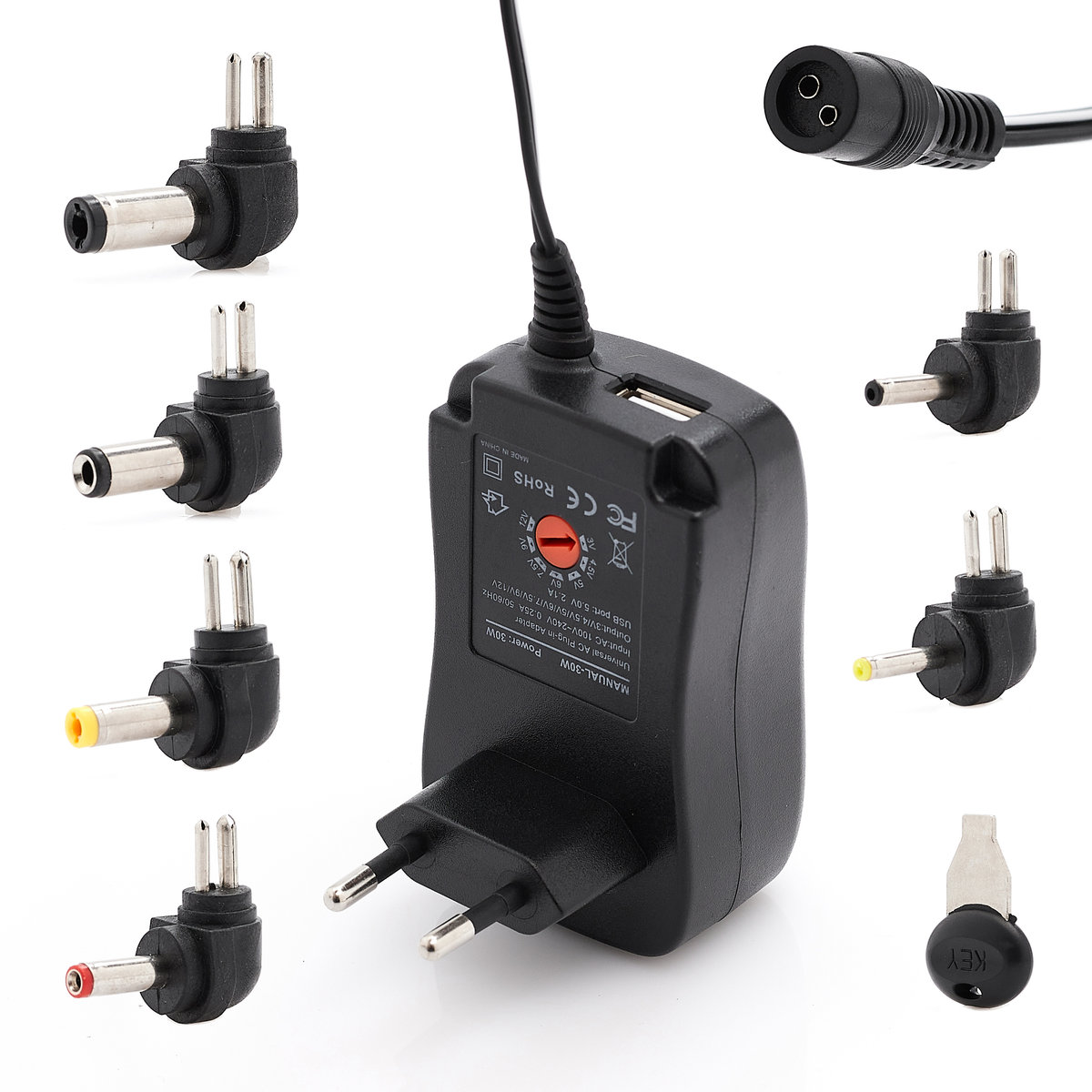 Zasilacz Uniwersalny Regulowane Napięcie Wyjściowe 3V 4.5V 5V 6V 7.5V 9V 12V Wymienne Końcówki