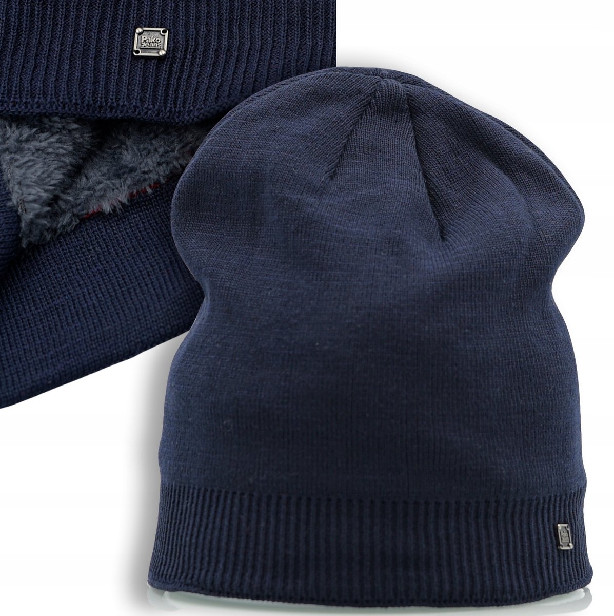 Czapka Zimowa Dzianinowa Ocieplona Miękkim Futerkiem Na Mrozy Granatowa
