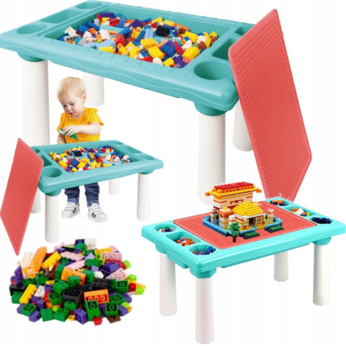 DUŻY KOLOROWY STOLIK DO ZABAWY EDUKACYJNY + KLOCKI 300SZT.