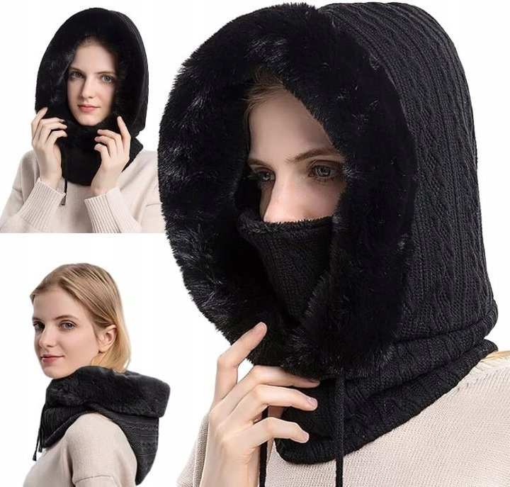 Kominiarka Damska Czapka Komin Z Futerkiem Ciepła Jednoczęściowa Na Zimę Czarna