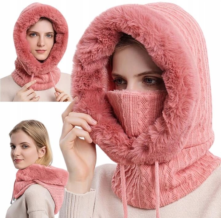 Kominiarka Damska Czapka Komin Z Futerkiem Ciepła Jednoczęściowa Na Zimę Rózówa