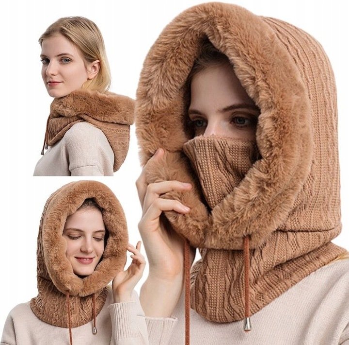 Kominiarka Damska Czapka Komin Z Futerkiem Ciepła Jednoczęściowa Na Zimę Karmel