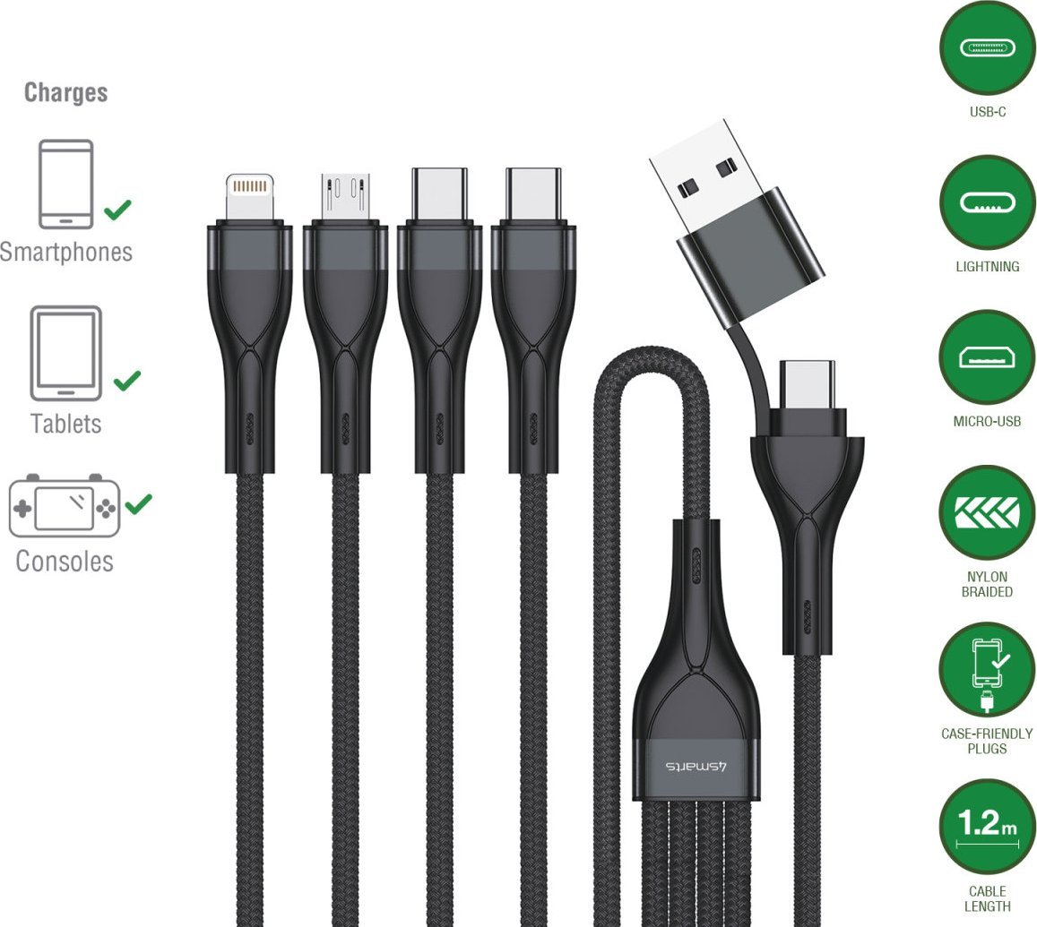 Kabel USB 4smarts USB-A + USB-C - 2x USB-C + Lightning + microUSB 1.2 m Czarny 541023