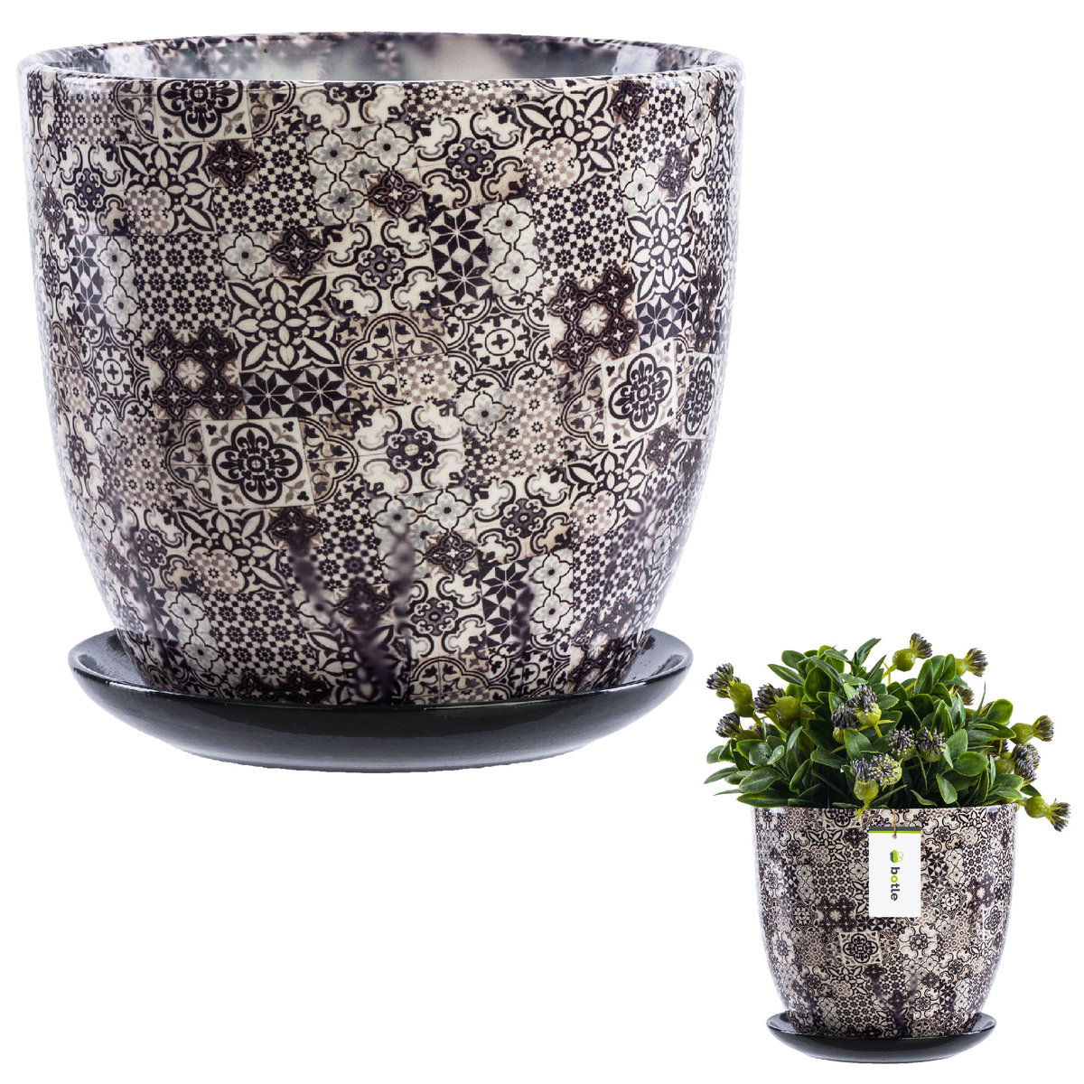 Doniczka ceramiczna okrągła Ø12,5 cm H 13 cm 1,5L brązowa mozaika podstawka