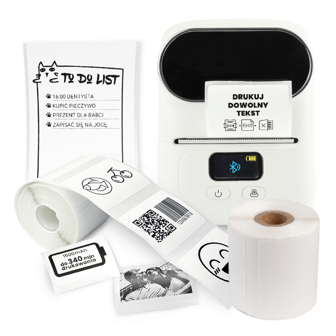 Mini drukarka etykiet Phomemo M110 biała 203dpi / do 50mm / BT / w zestawie z etykietami WP5030 KUP u oficjalnego dystrybutora - ZADZWOŃ 730 811 399