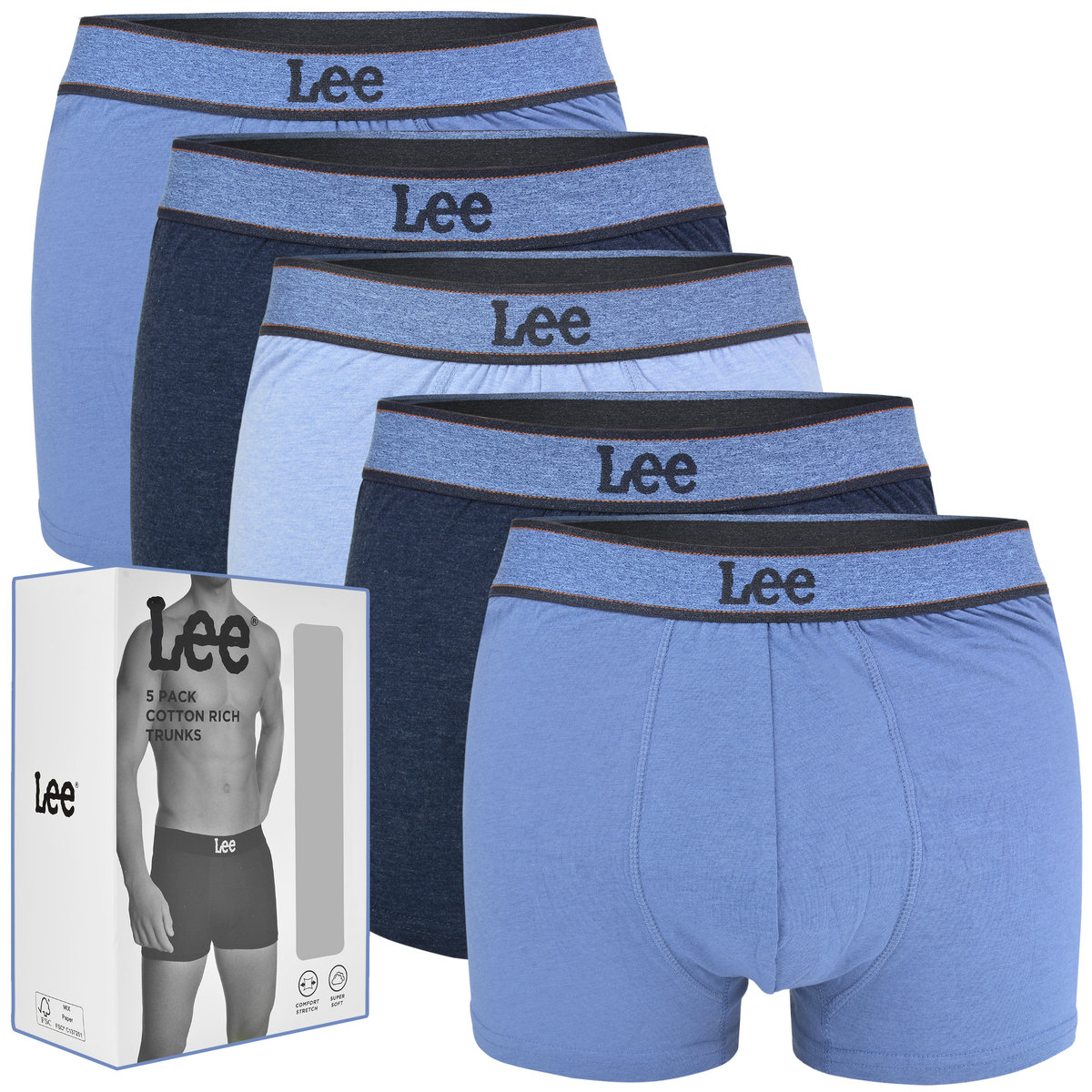 LEE Bokserki Męskie Bawełniane 32130 Niebieskie 5 Sztuk Rozmiar XL