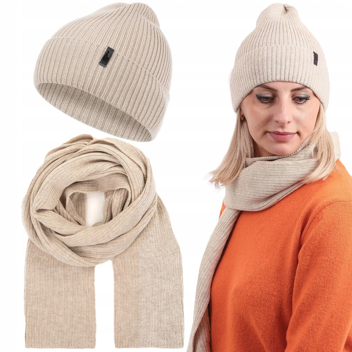 Komplet Zimowy Damski Ciepły Czapka + Szalik Szal Zestaw Wełna Merino 55-60