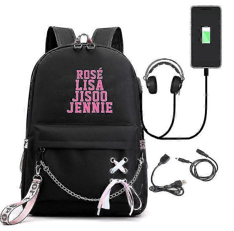 Blackpink Plecak Damska torba Wodoodporna torba podróżna Dziewczyny Różowa dorywcza torba na laptopa USB do ładowania D