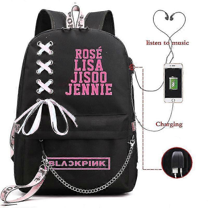 Blackpink Plecak Damska torba Wodoodporna torba podróżna Dziewczyny Różowa dorywcza torba na laptopa USB do ładowania F